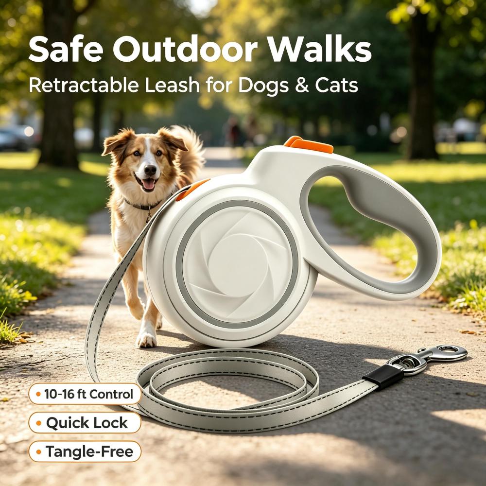 Retractable Dog Leash, 9.8–16.4 ft Tangle-Free Nylon Tape Retractable Pet Leash with One-Hand Quick Lock, Fits Small Medium Large Dogs Up to 110 lbs & Small Cats