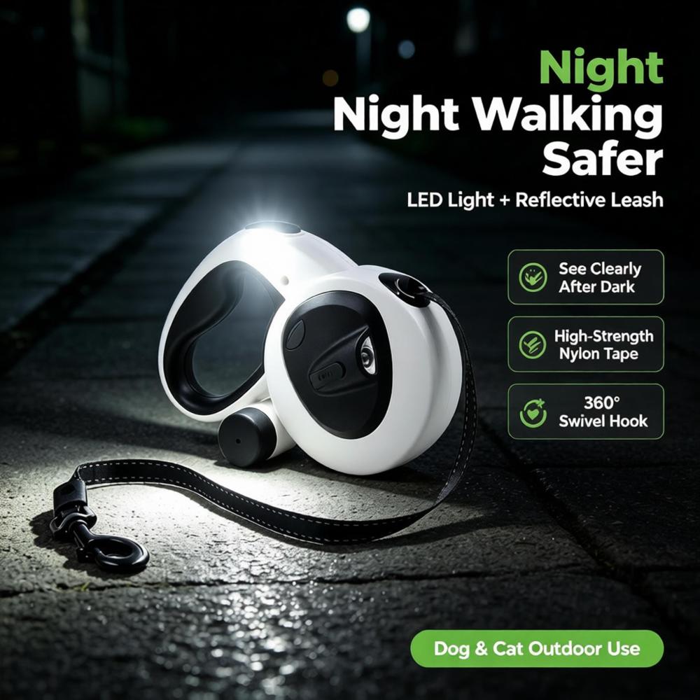 LED Reflective Retractable Dog Leash with Poop Bag Holder