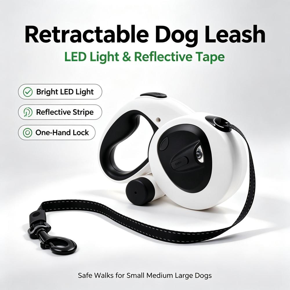 LED Reflective Retractable Dog Leash with Poop Bag Holder