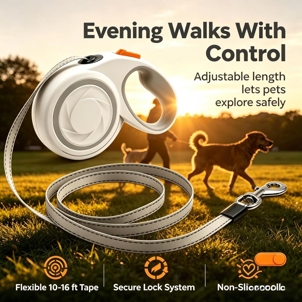 Retractable Dog Leash, 9.8–16.4 ft Tangle-Free Nylon Tape Retractable Pet Leash with One-Hand Quick Lock, Fits Small Medium Large Dogs Up to 110 lbs & Small Cats