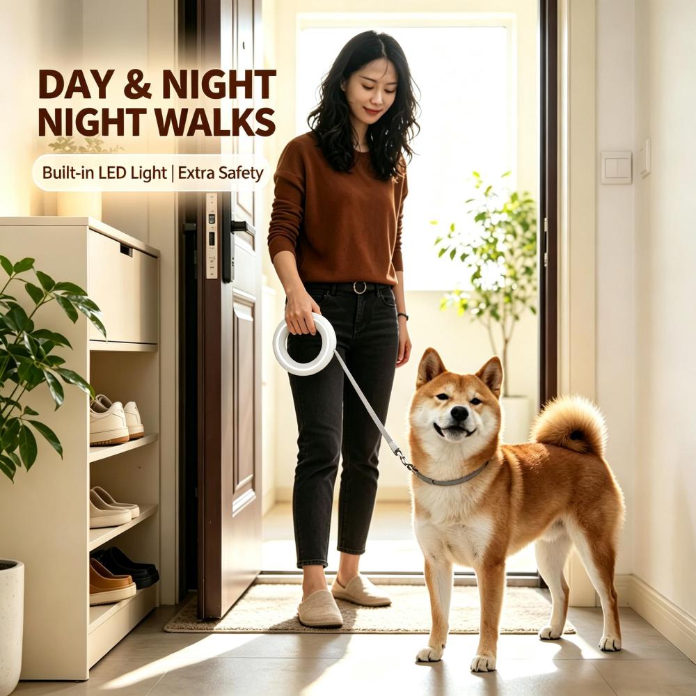 LED Glow Ring Retractable Dog Leash, Ergonomic Circular Handle Auto Rewind Pet Walking Leash with 3 Color Night Safety Light