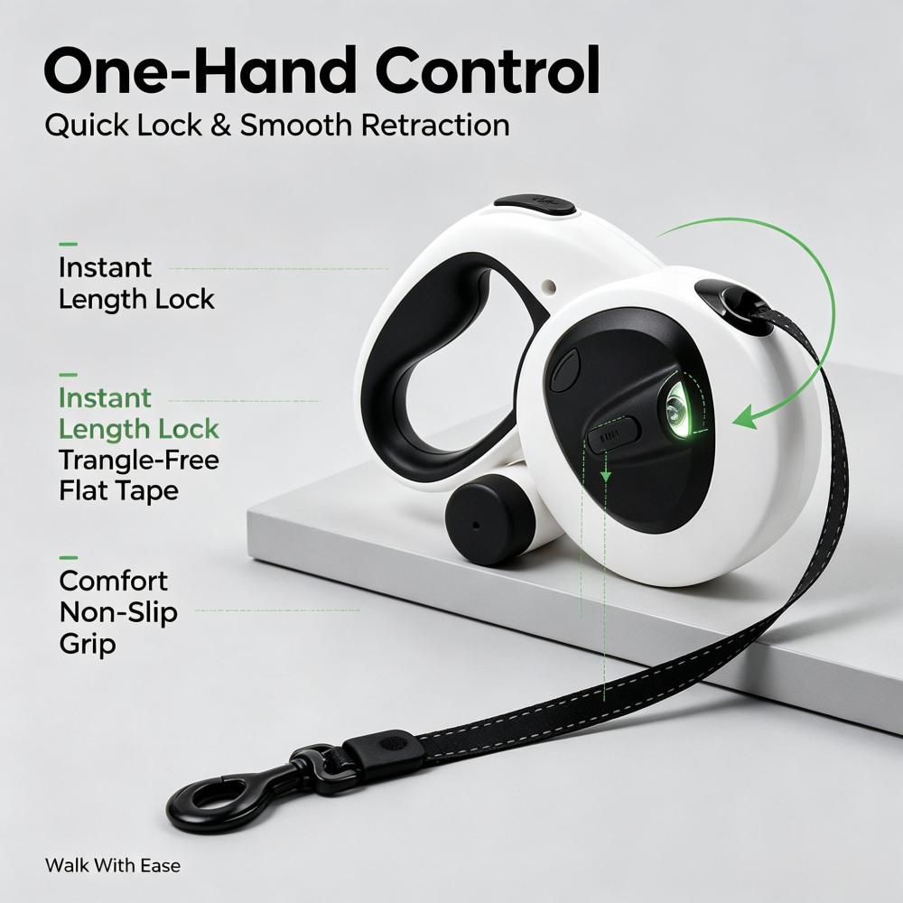 LED Reflective Retractable Dog Leash with Poop Bag Holder