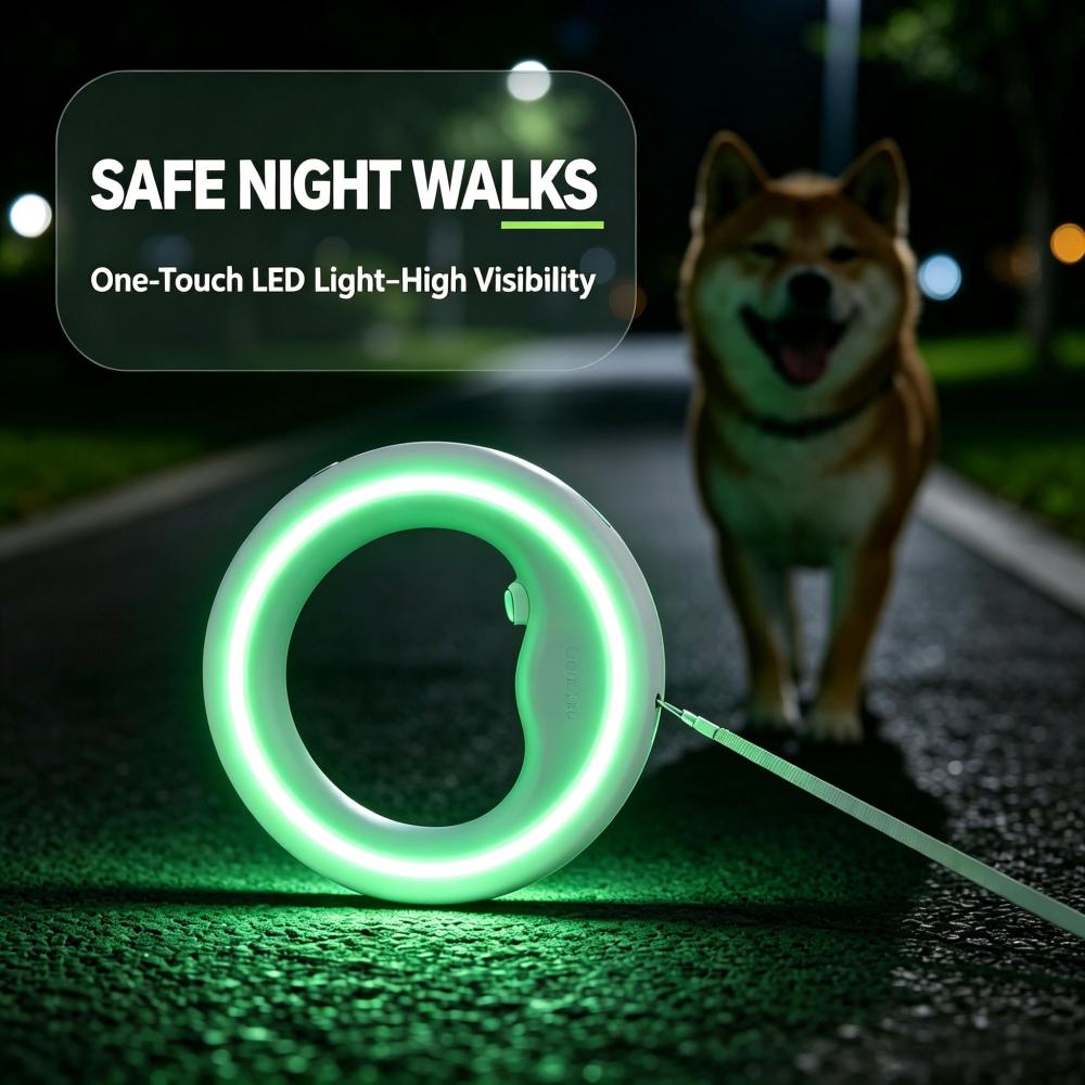 LED Glow Ring Retractable Dog Leash, Ergonomic Circular Handle Auto Rewind Pet Walking Leash with 3 Color Night Safety Light