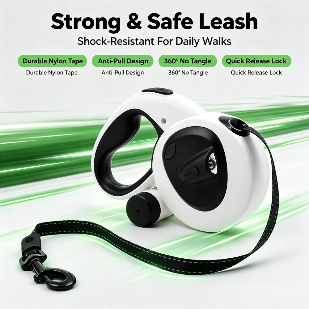 LED Reflective Retractable Dog Leash with Poop Bag Holder