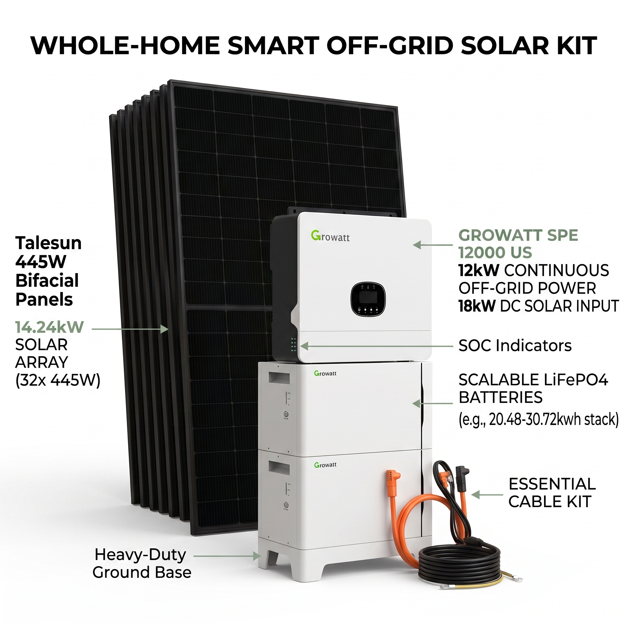 Growatt SPE 12000 12kW Off-Grid DIY Solar Kit | 14.24kW Array (32x 445W) + 20.48-30.72kWh Battery