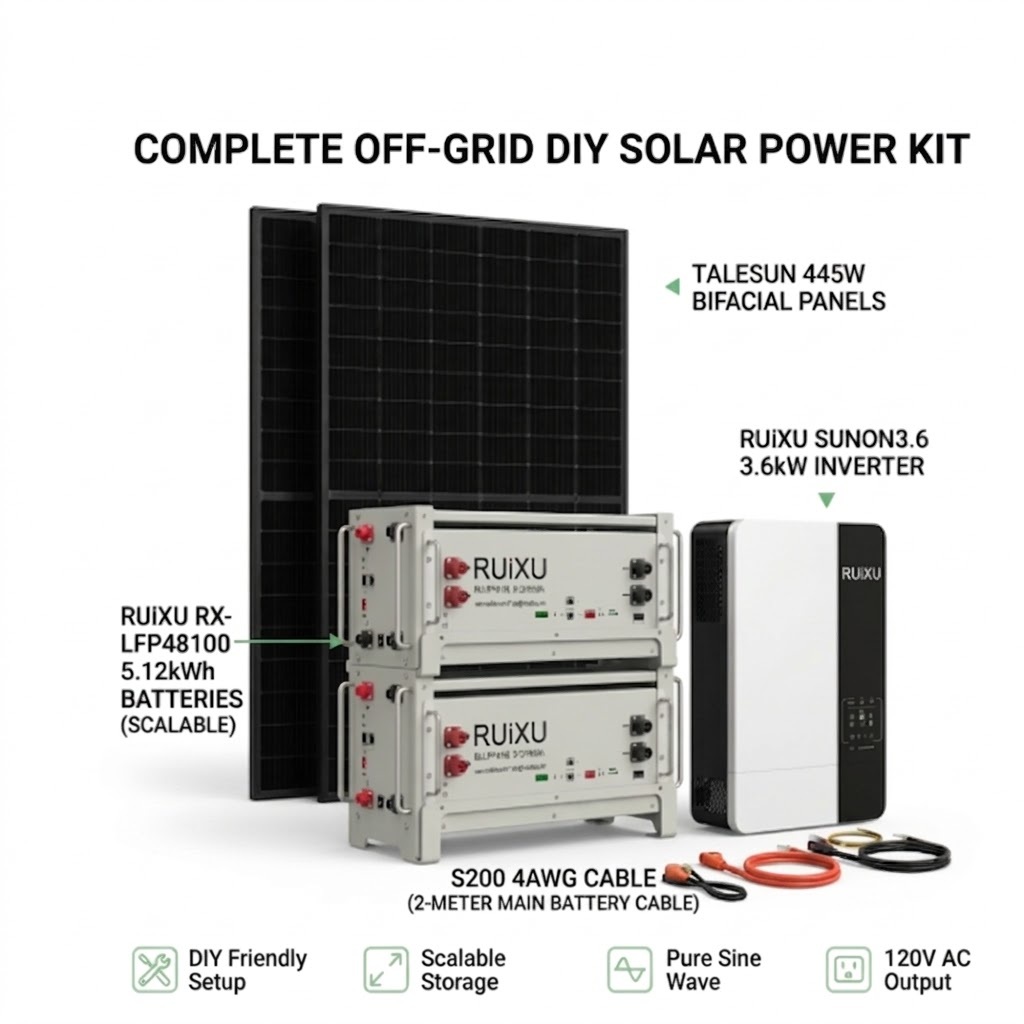 RUiXU 3.6kW 120V Off-Grid Solar Power Kit | 5.12kWh - 10.24kWh Battery & Panels