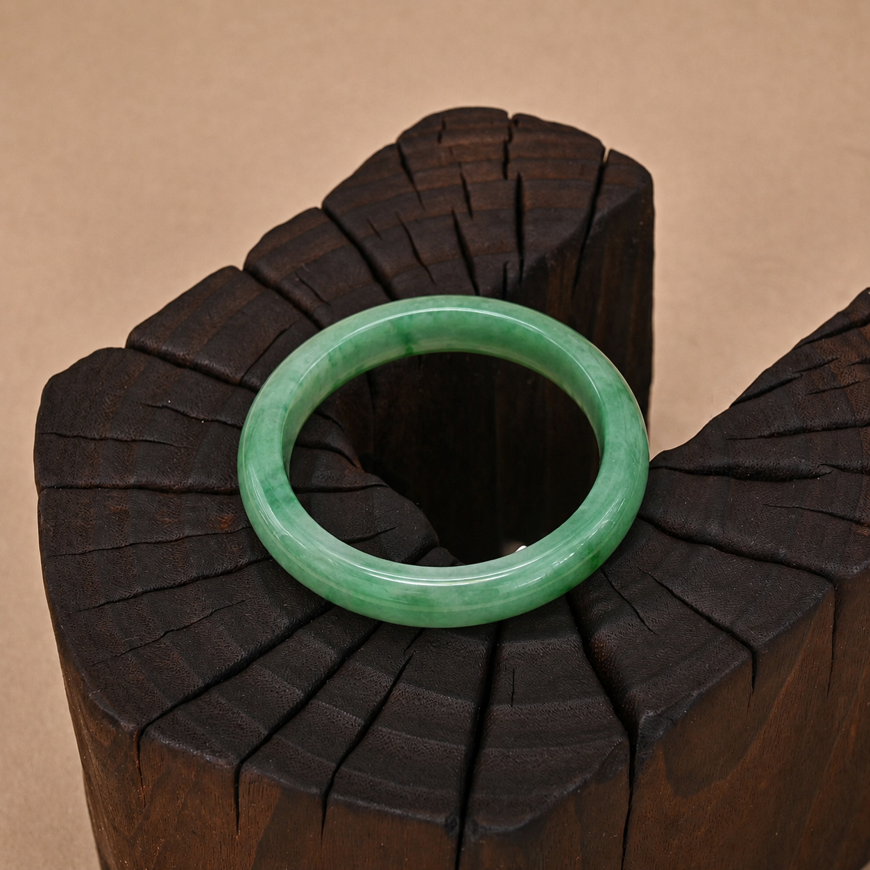 Semi-translucent Fine-textured Green Jadeite Bangle