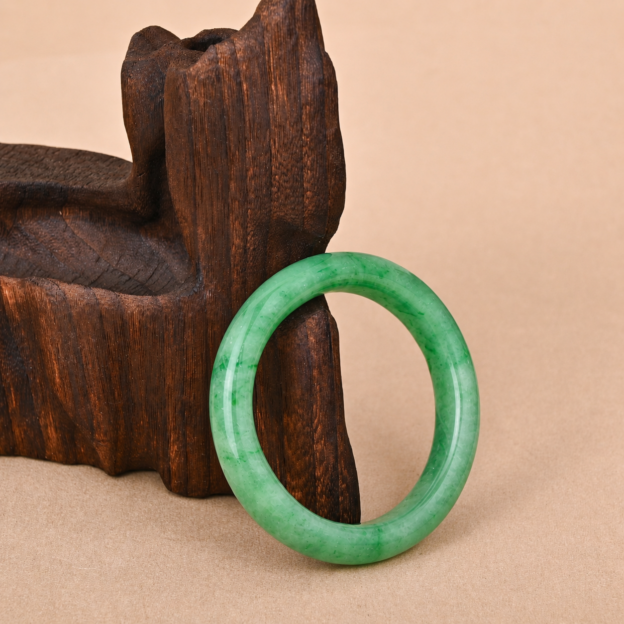 Semi-translucent Fine-textured Green Jadeite Bangle
