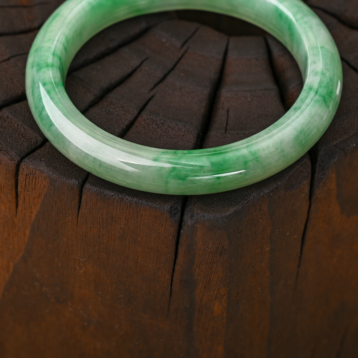 Semi-translucent Fine-textured Green Jadeite Bangle