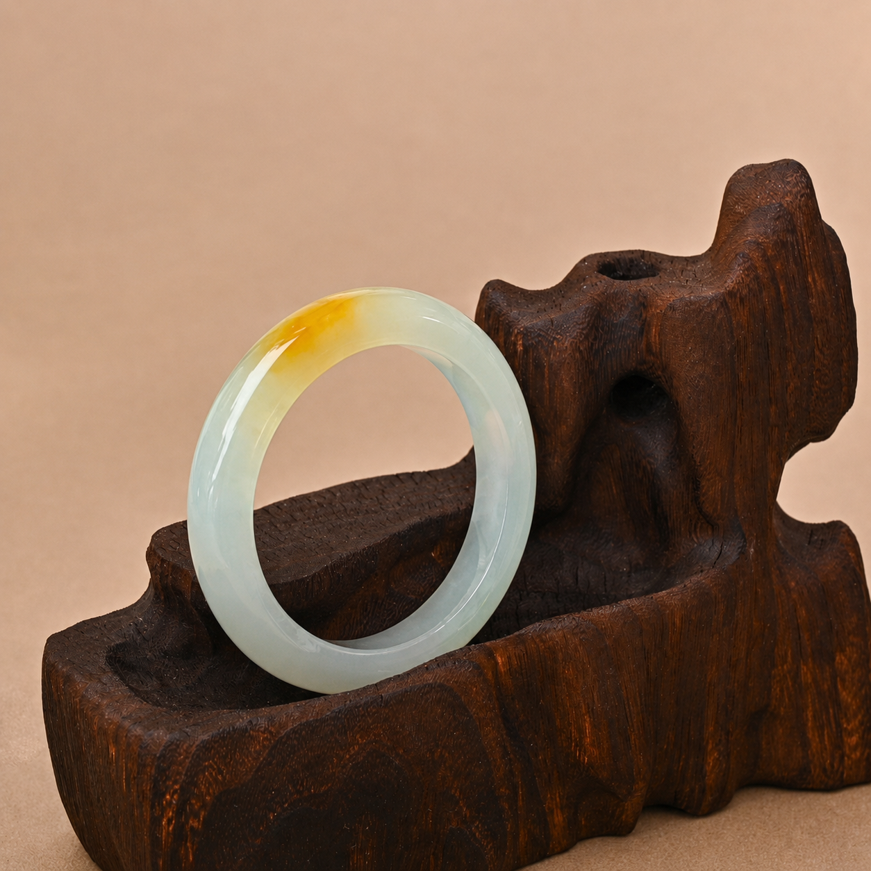 Semi-translucent White Jadeite Bangle with Honey-yellow Accents