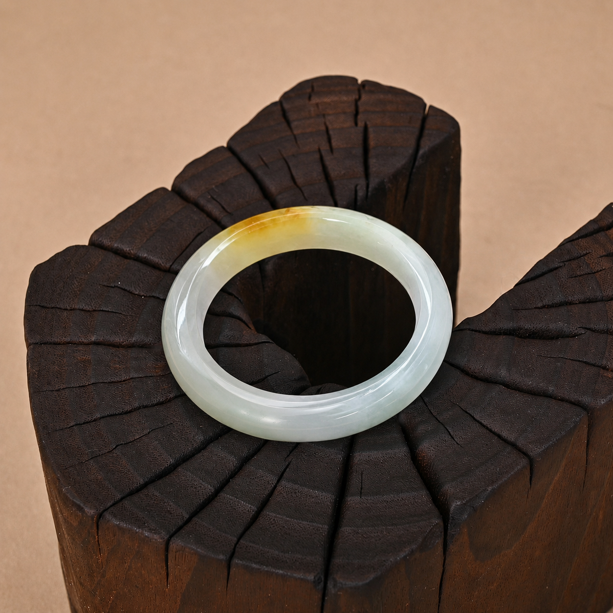 Semi-translucent White Jadeite Bangle with Honey-yellow Accents