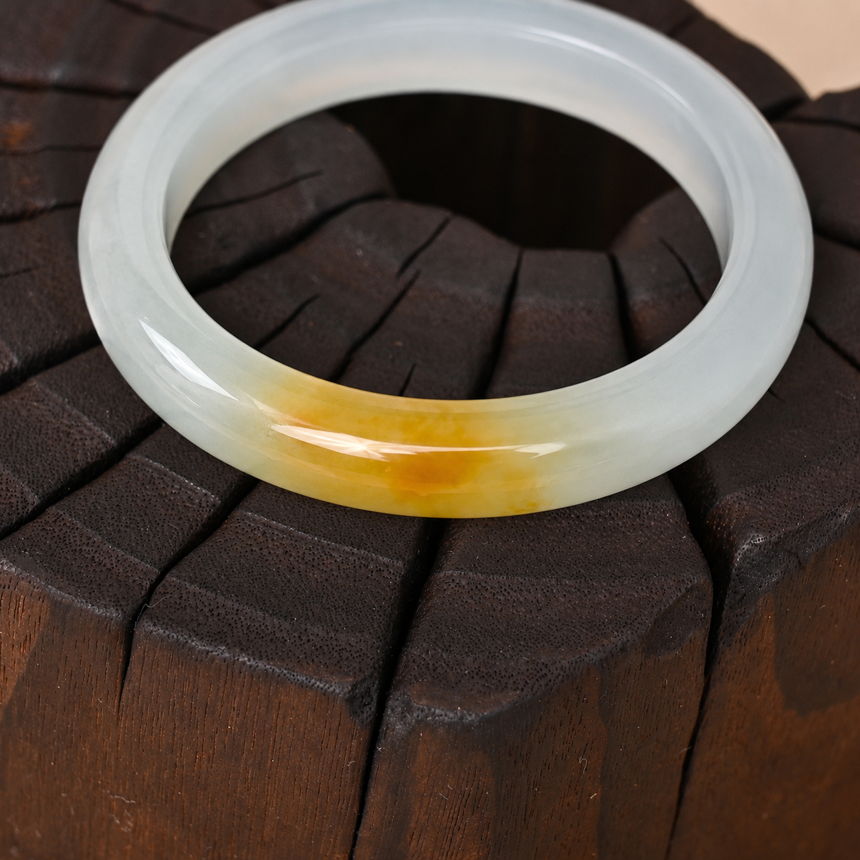 Semi-translucent White Jadeite Bangle with Honey-yellow Accents