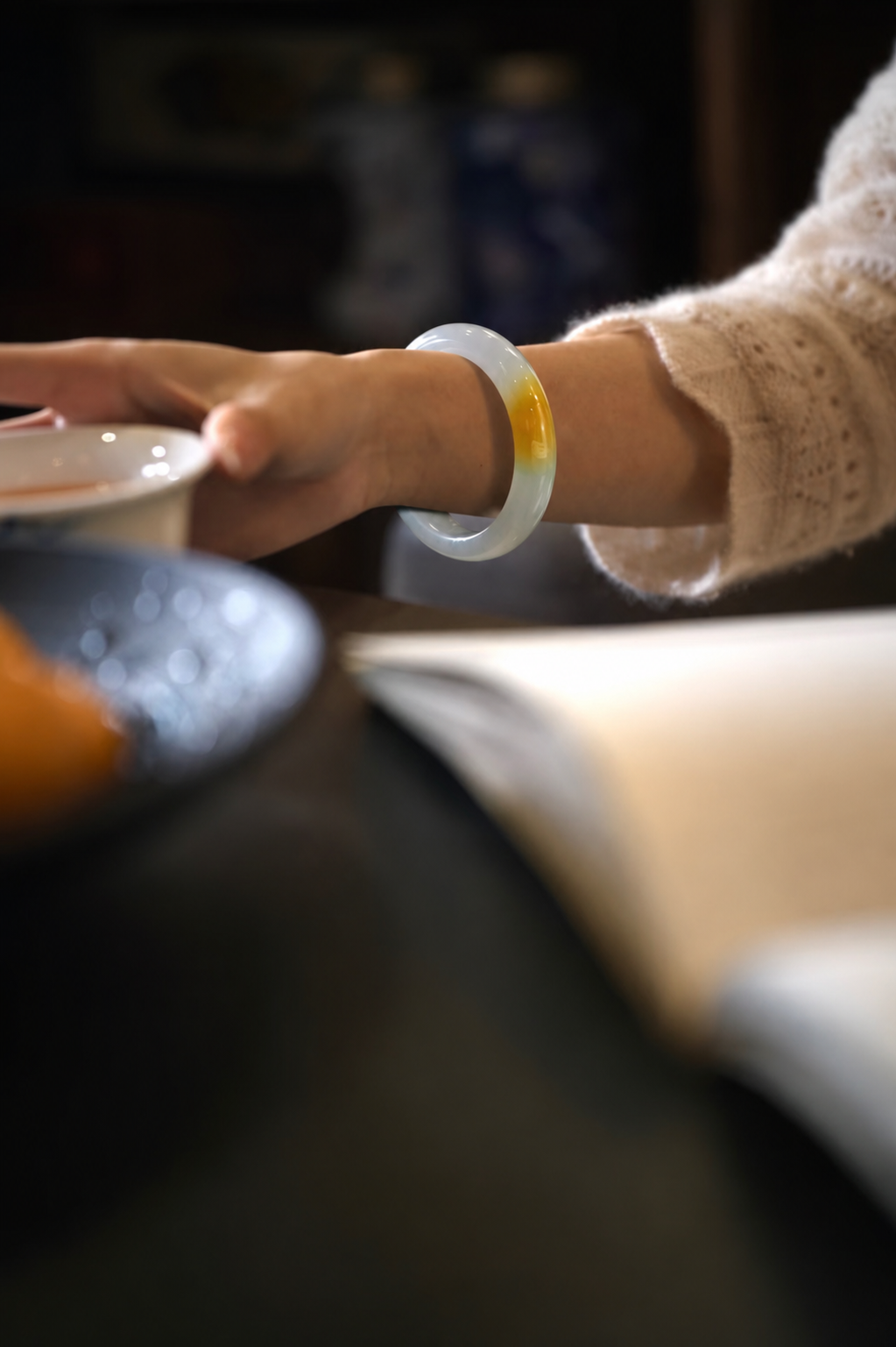 Semi-translucent White Jadeite Bangle with Honey-yellow Accents