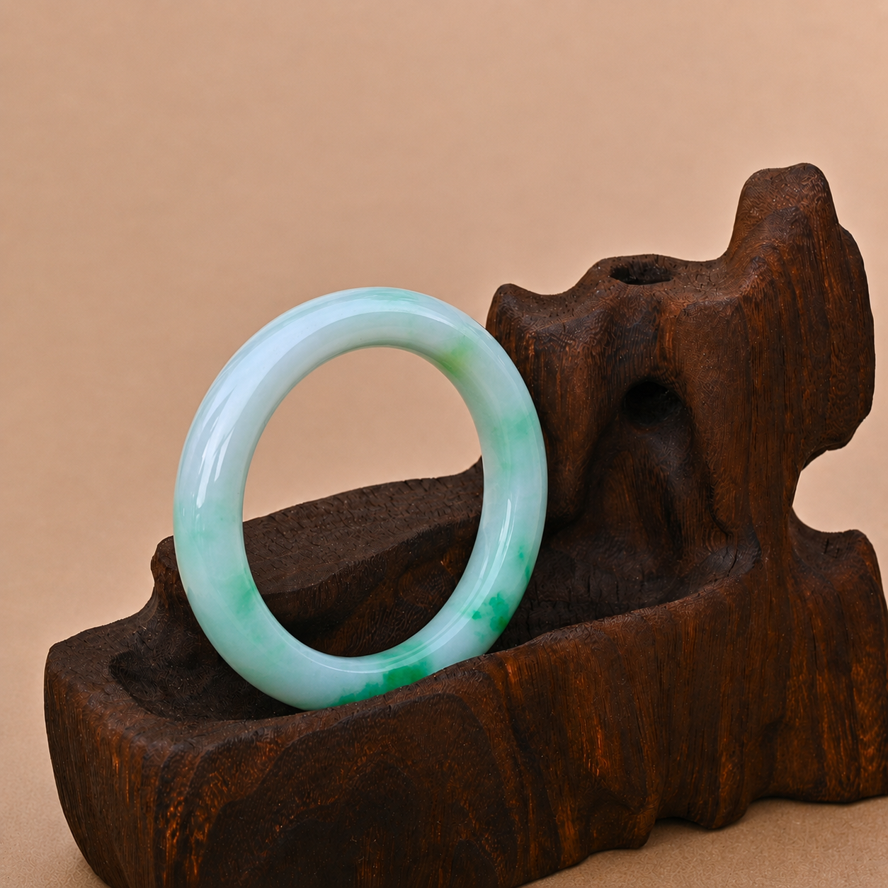 Fine-textured Semi-translucent White Jadeite Bangle with Vibrant Green Patches