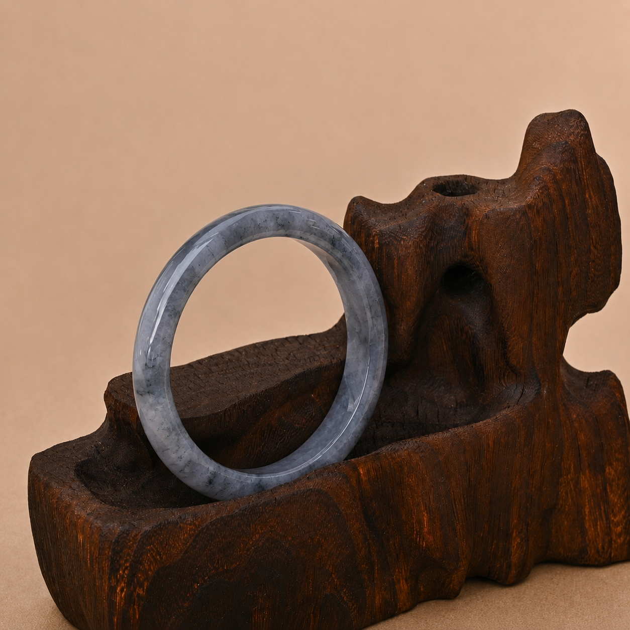 Fine-textured Ice-variety "Ink-splashed" Jadeite Bangle