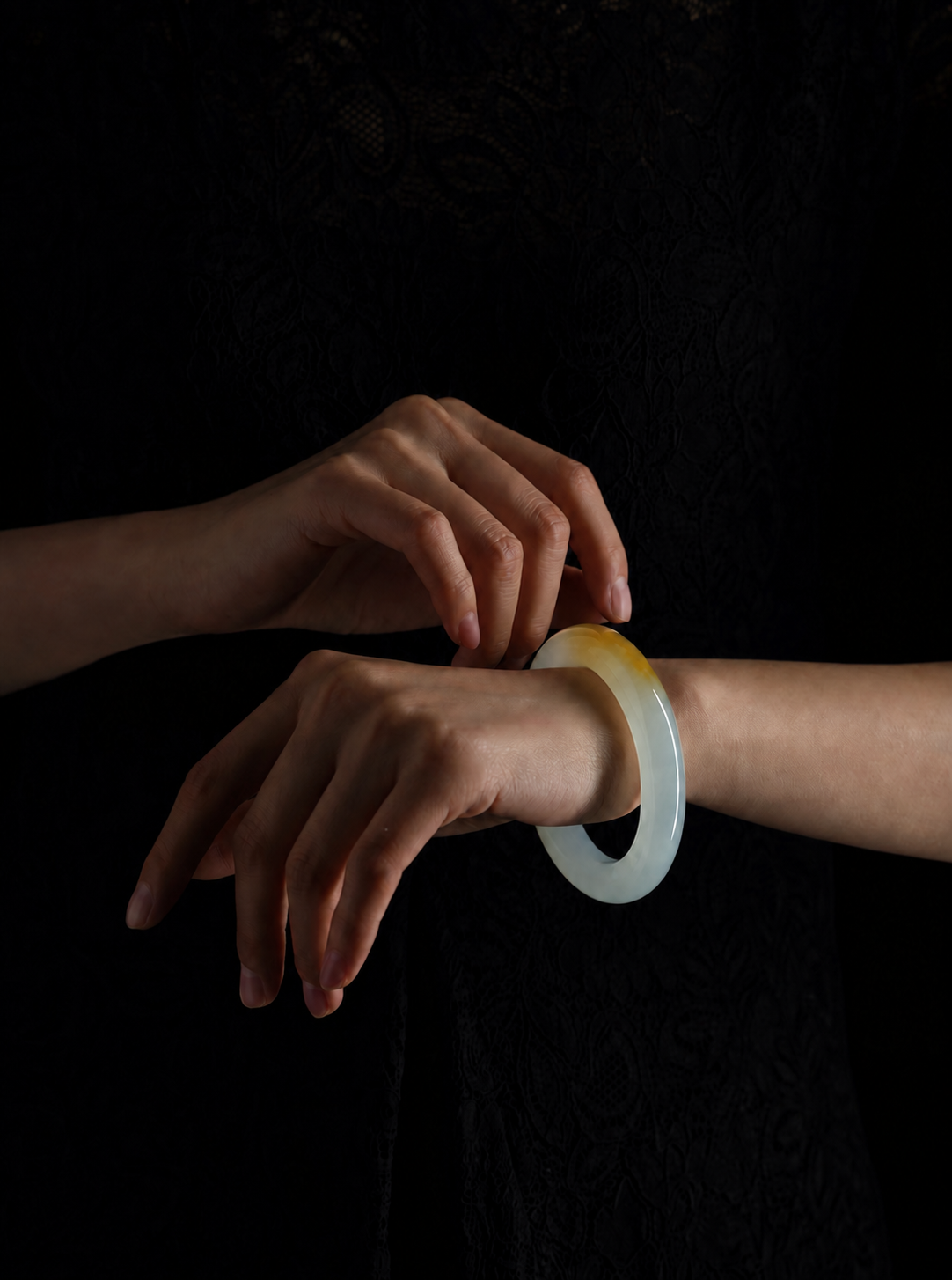 Semi-translucent White Jadeite Bangle with Honey-yellow Accents