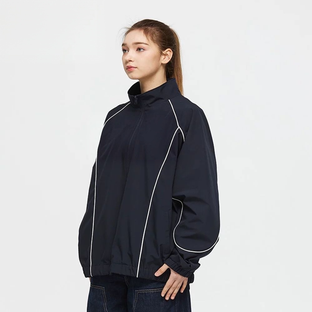 Men's dark blue stand up collar sports jacket windbreaker