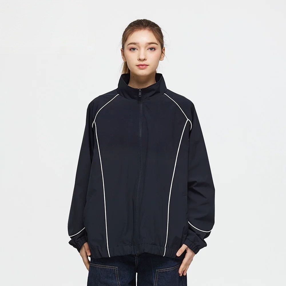 Men's dark blue stand up collar sports jacket windbreaker