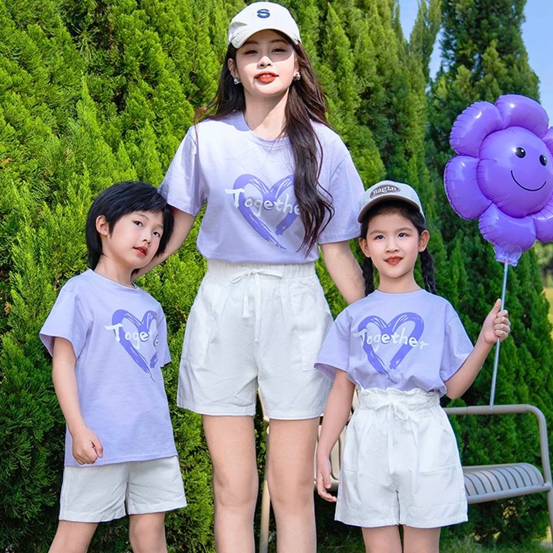 Light purple summer short sleeved parent-child set can be customized with any image, logo, and printed name and number