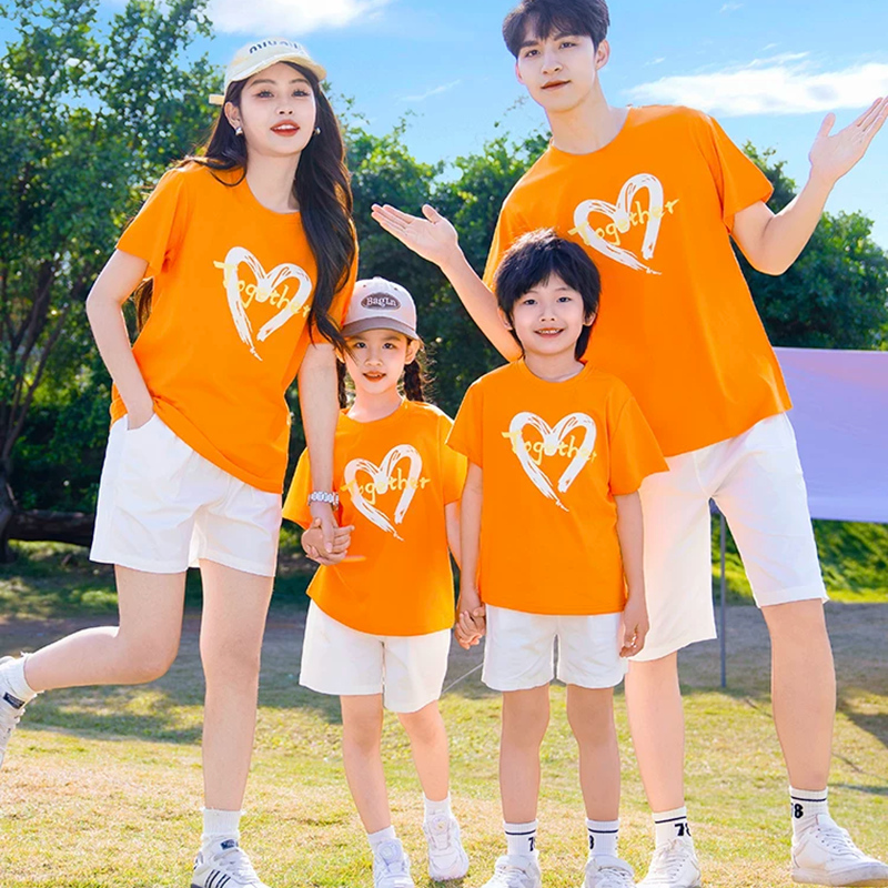 Orange summer short sleeved parent-child set can be customized with any image, logo, and printed with name and number