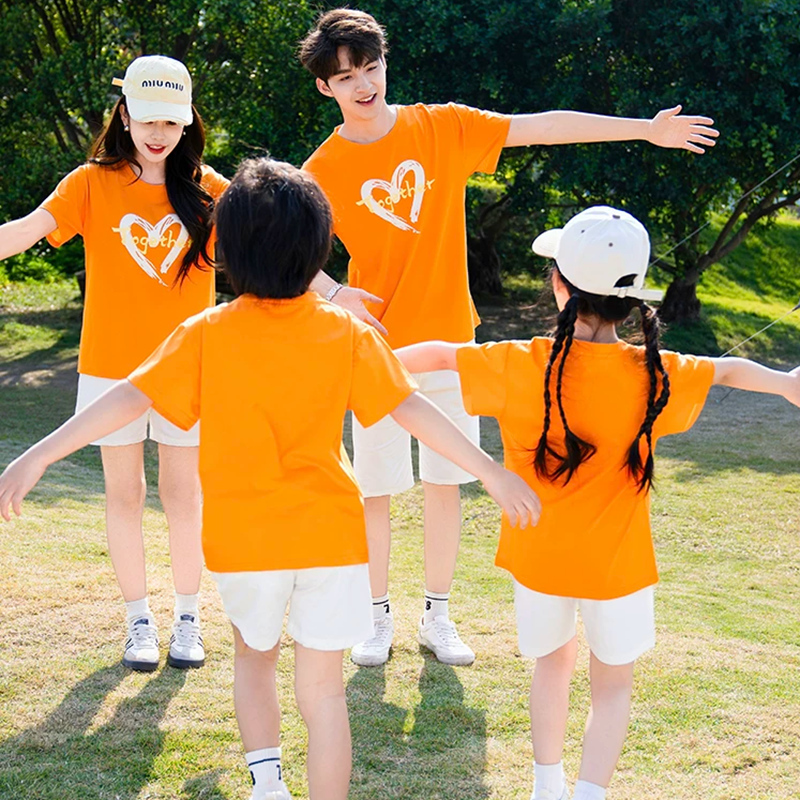 Orange summer short sleeved parent-child set can be customized with any image, logo, and printed with name and number