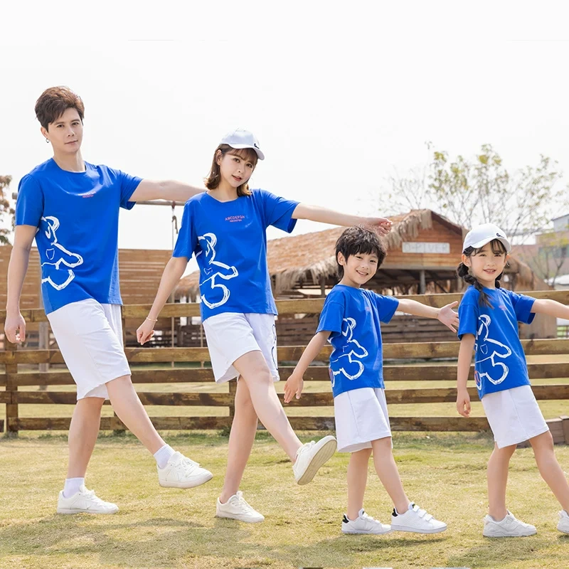 Blue summer short sleeved parent-child set can be customized with any image, logo, and printed with name and number