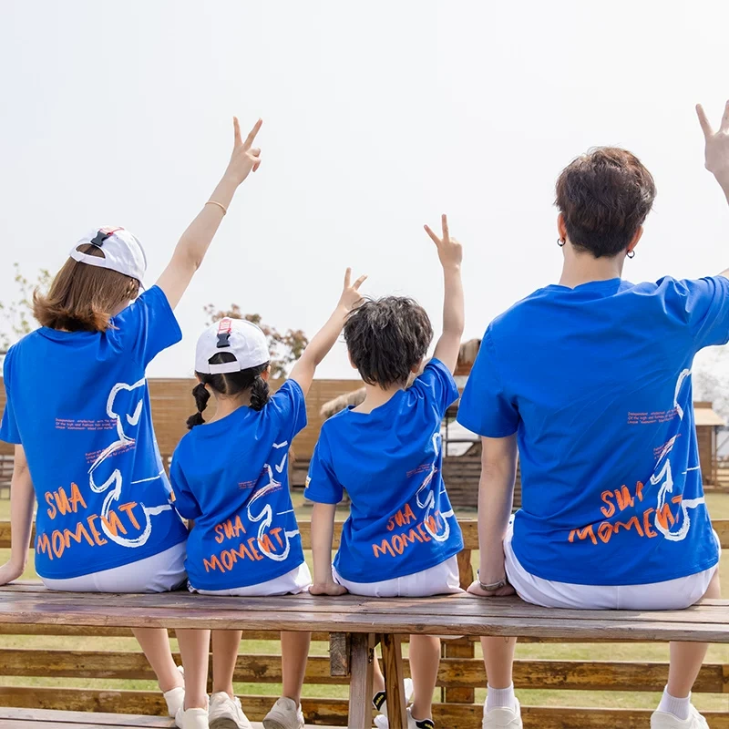 Blue summer short sleeved parent-child set can be customized with any image, logo, and printed with name and number