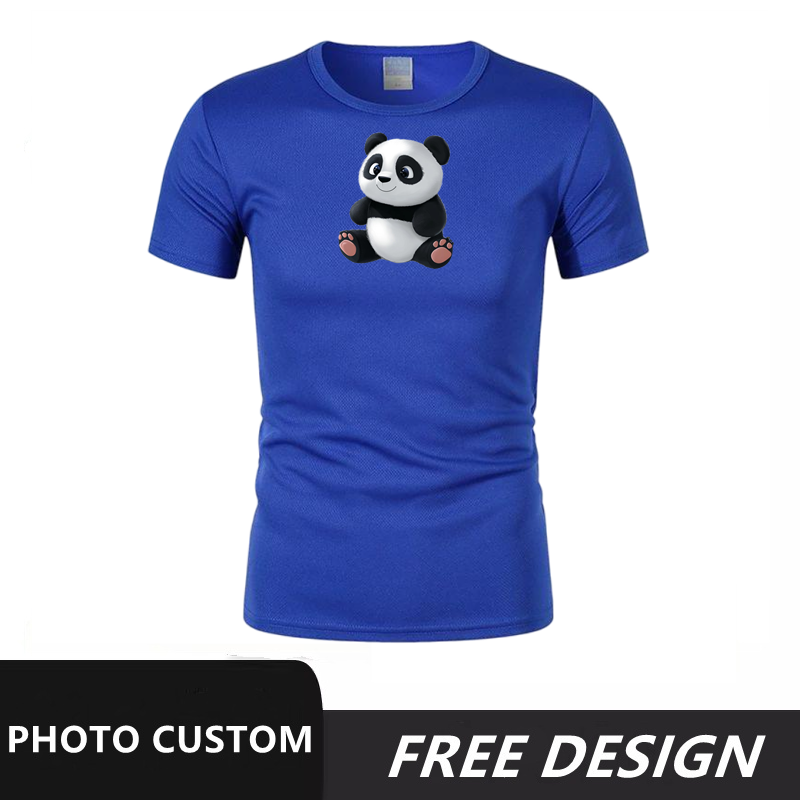 Blue summer short sleeved panda pattern can be customized with any image, logo, and printed with name and number