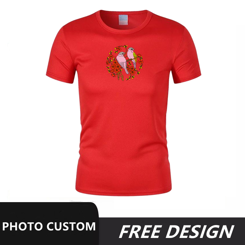 Red summer short sleeved flower and bird patterns can be customized with any image, logo, and printed with name and number