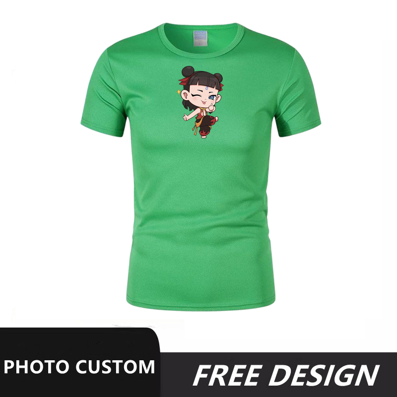 Green summer short sleeved Nezha pattern can be customized with any image, logo, and printed with name and number