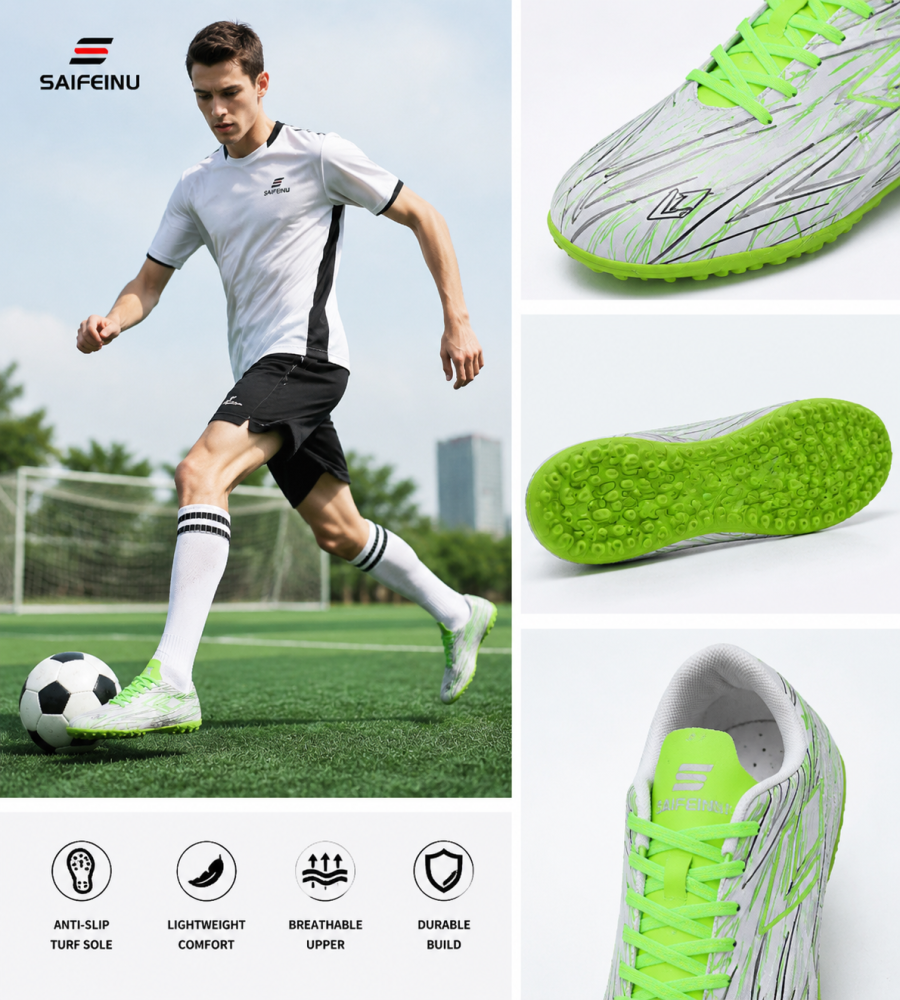 Men’s White Neon Green Turf Football Trainers Built For Speed Lightweight Anti Slip Artificial Grass Boots