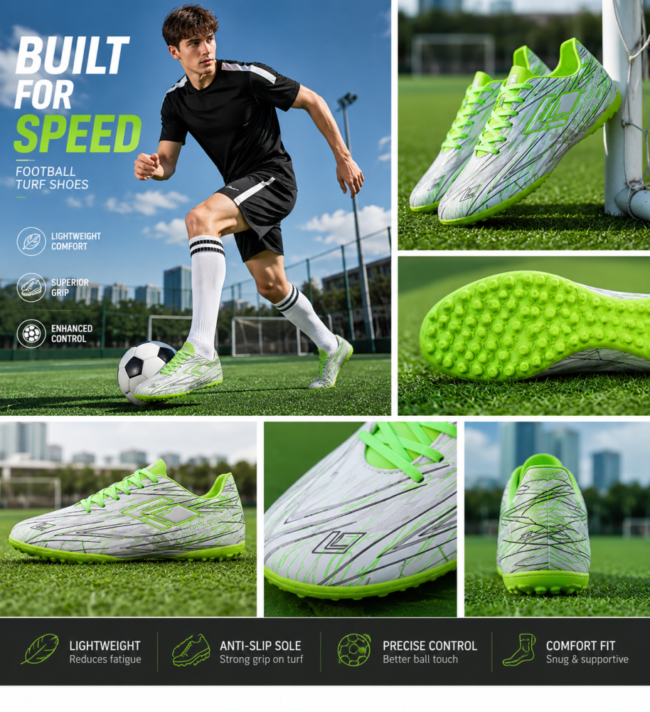 Men’s White Neon Green Turf Football Trainers Built For Speed Lightweight Anti Slip Artificial Grass Boots
