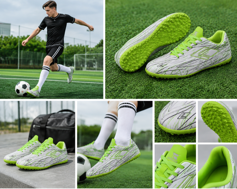 Men’s White Neon Green Turf Football Trainers Built For Speed Lightweight Anti Slip Artificial Grass Boots
