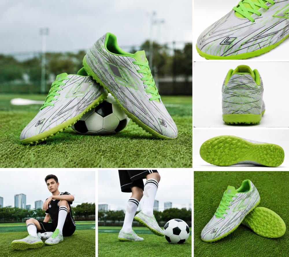 Men’s White Neon Green Turf Football Trainers Built For Speed Lightweight Anti Slip Artificial Grass Boots