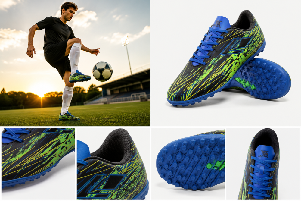 Black Blue Neon Green Turf Football Shoes Lightweight Anti-Slip Superior Grip Speed Trainers for Artificial Grass Men