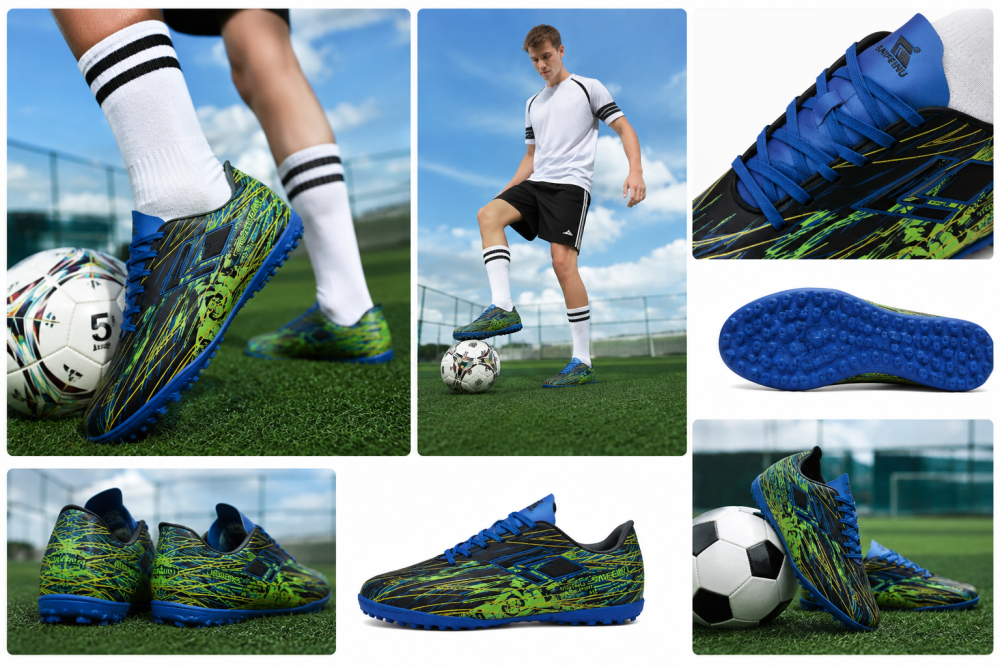 Black Blue Neon Green Turf Football Shoes Lightweight Anti-Slip Superior Grip Speed Trainers for Artificial Grass Men