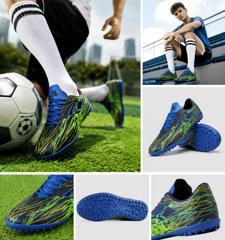 Black Blue Neon Green Turf Football Shoes Lightweight Anti-Slip Superior Grip Speed Trainers for Artificial Grass Men