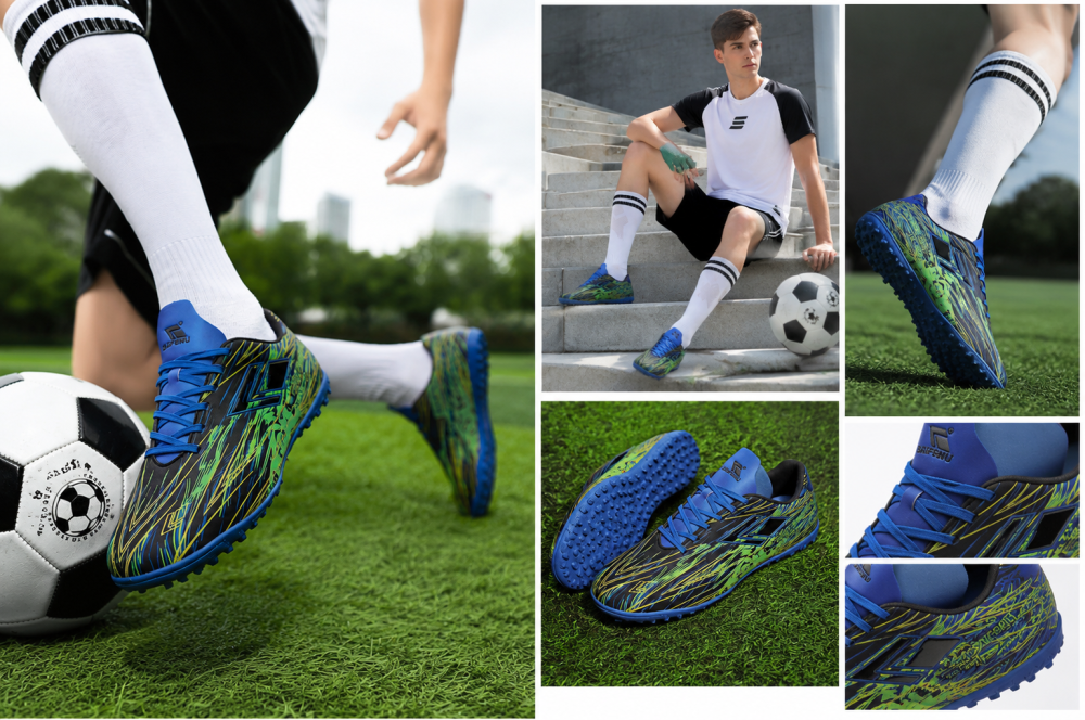 Black Blue Neon Green Turf Football Shoes Lightweight Anti-Slip Superior Grip Speed Trainers for Artificial Grass Men