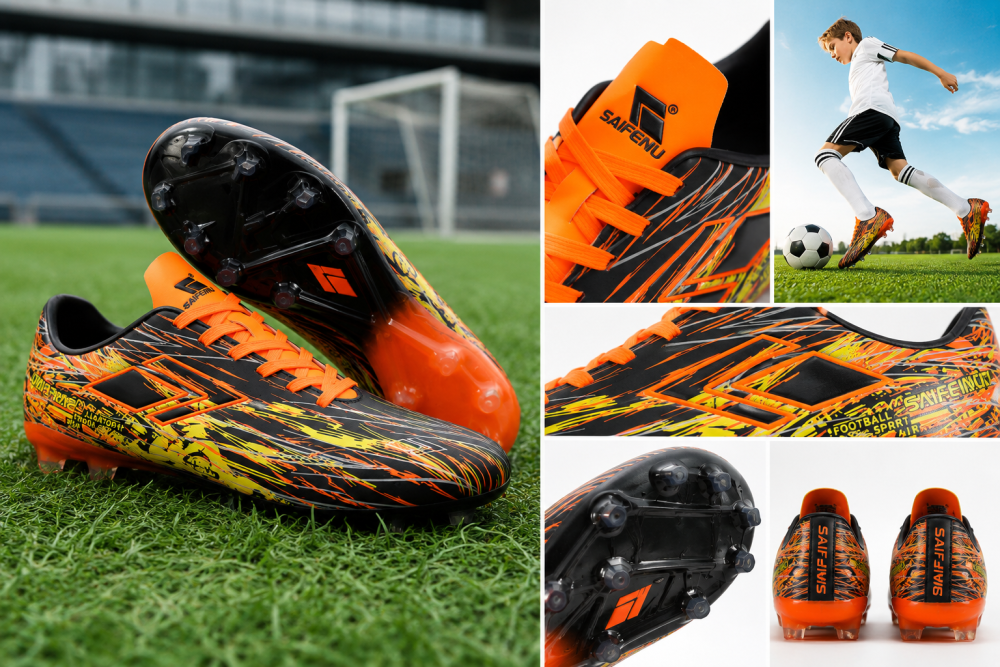 Black Orange Yellow Firm Ground Football Boots Lightweight Anti-Slip Superior Traction Speed Boots for Natural Grass Men & Youth