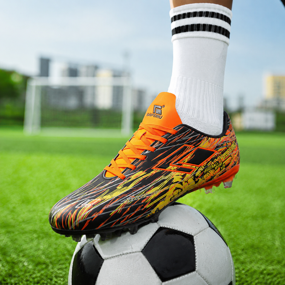 Black Orange Yellow Firm Ground Football Boots Lightweight Anti-Slip Superior Traction Speed Boots for Natural Grass Men & Youth