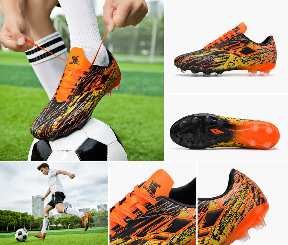 Black Orange Yellow Firm Ground Football Boots Lightweight Anti-Slip Superior Traction Speed Boots for Natural Grass Men & Youth