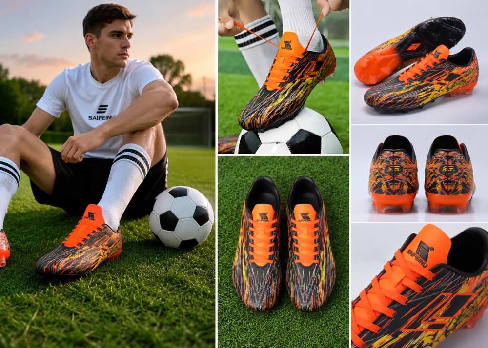 Black Orange Yellow Firm Ground Football Boots Lightweight Anti-Slip Superior Traction Speed Boots for Natural Grass Men & Youth