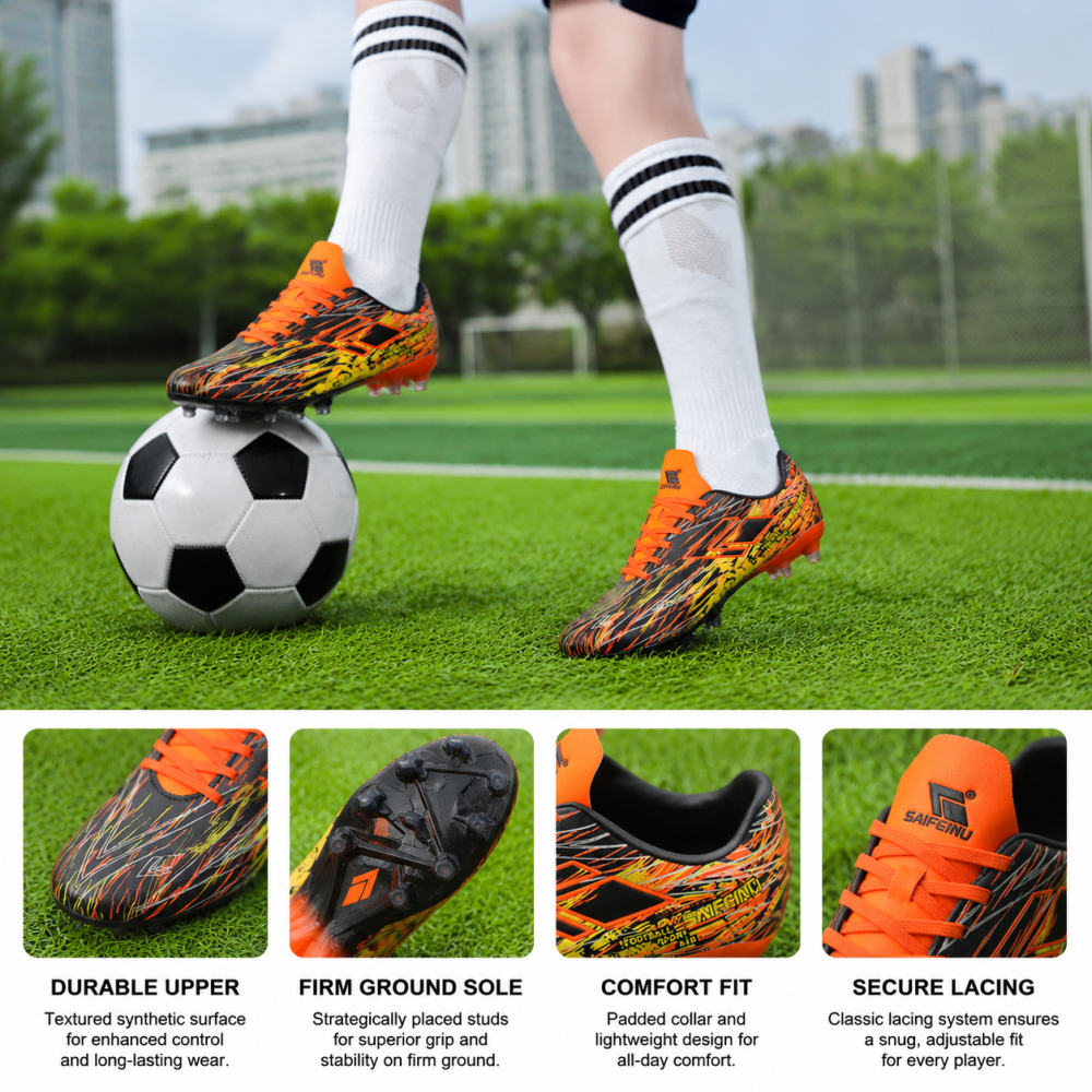 Black Orange Yellow Firm Ground Football Boots Lightweight Anti-Slip Superior Traction Speed Boots for Natural Grass Men & Youth