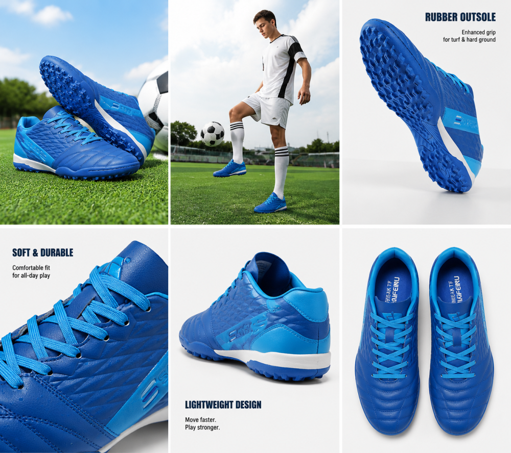 Bright All Blue Turf Football Shoes Lightweight Soft Durable Rubber Outsole Anti-Slip Trainers For Artificial Turf Men