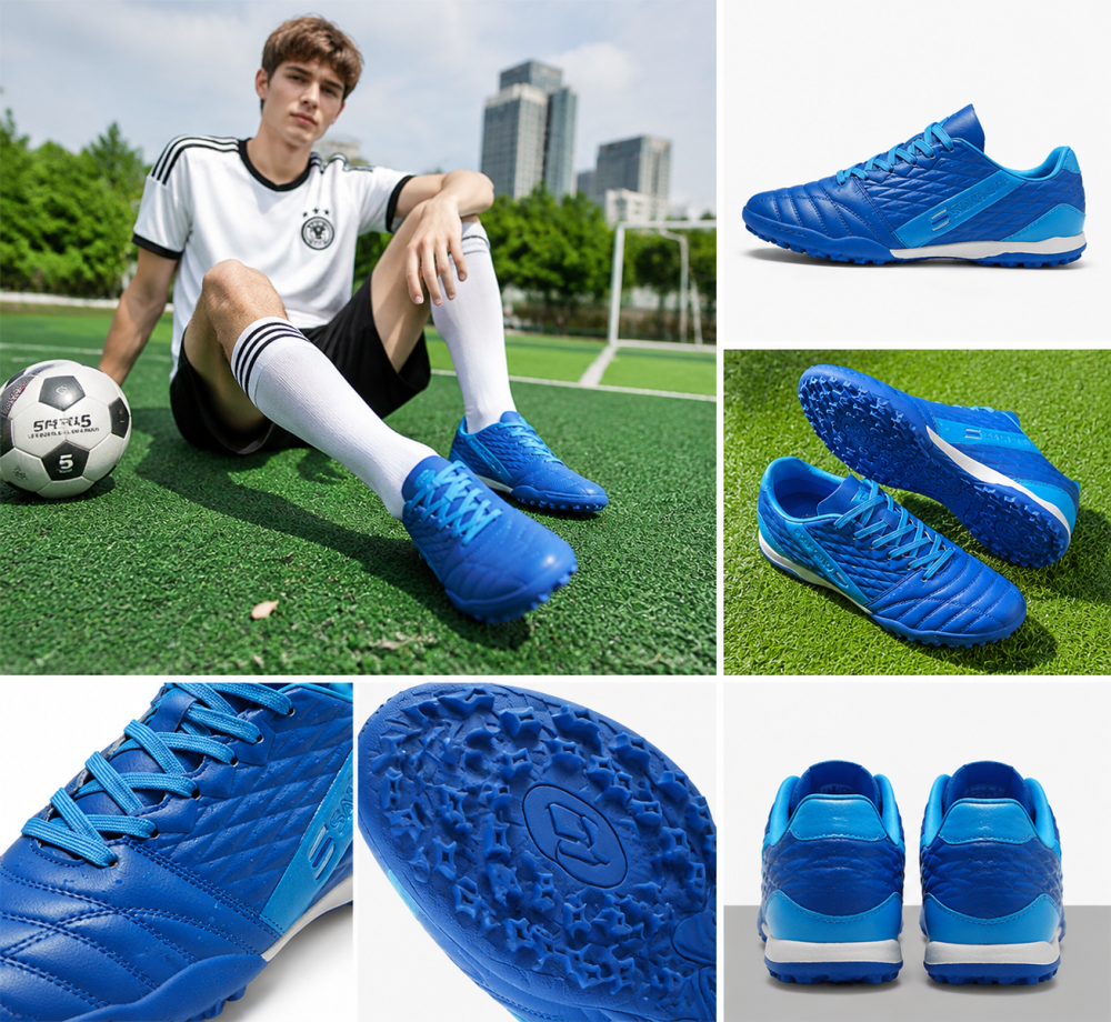 Bright All Blue Turf Football Shoes Lightweight Soft Durable Rubber Outsole Anti-Slip Trainers For Artificial Turf Men