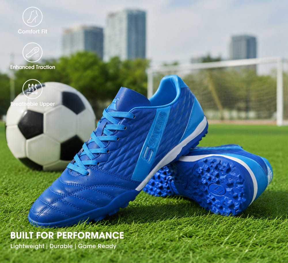 Bright All Blue Turf Football Shoes Lightweight Soft Durable Rubber Outsole Anti-Slip Trainers For Artificial Turf Men