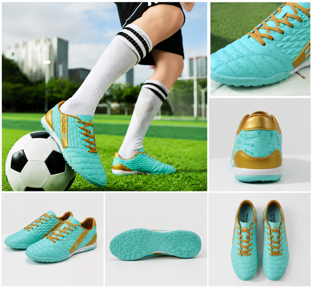 Bright All Blue Turf Football Shoes Lightweight Soft Durable Rubber Outsole Anti-Slip Trainers For Artificial Turf Men
