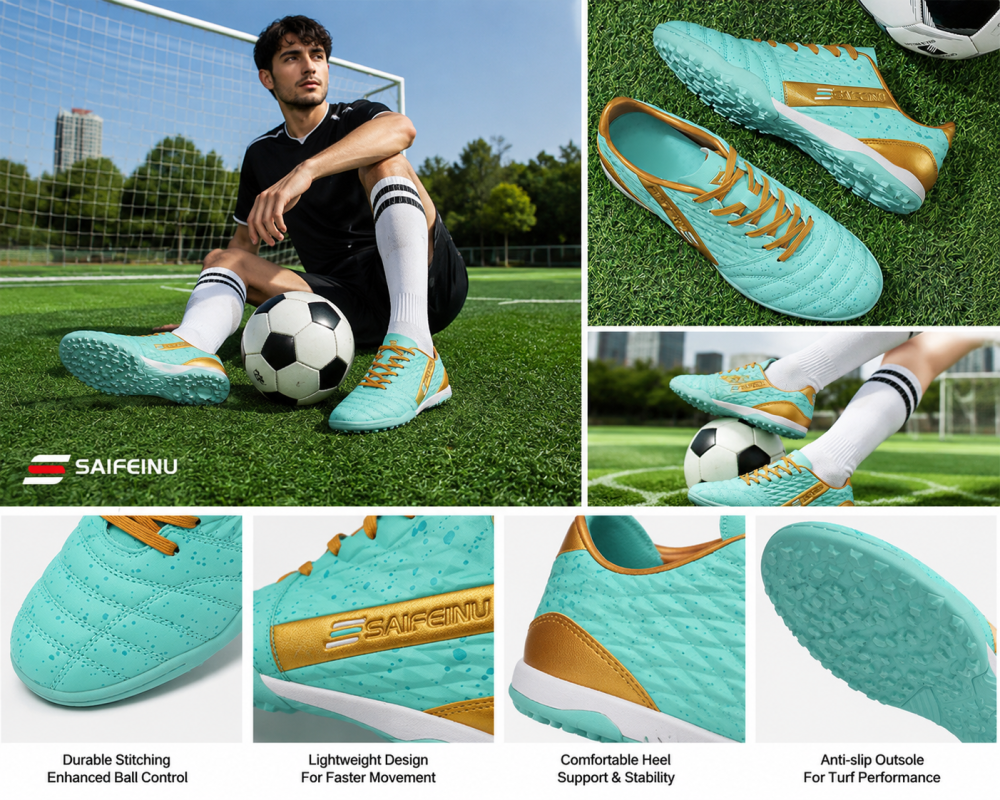Bright All Blue Turf Football Shoes Lightweight Soft Durable Rubber Outsole Anti-Slip Trainers For Artificial Turf Men