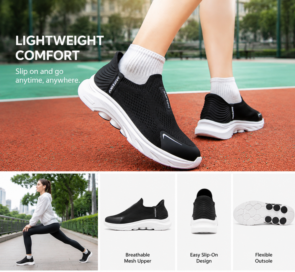 Black Slip On Walking Shoes Breathable Mesh Upper Lightweight Comfort Flexible Outsole Casual Athletic Trainers For Women