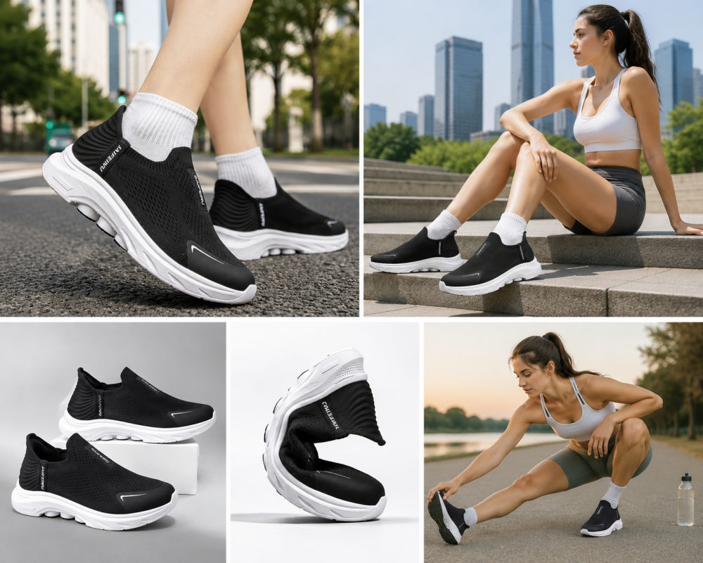 Black Slip On Walking Shoes Breathable Mesh Upper Lightweight Comfort Flexible Outsole Casual Athletic Trainers For Women